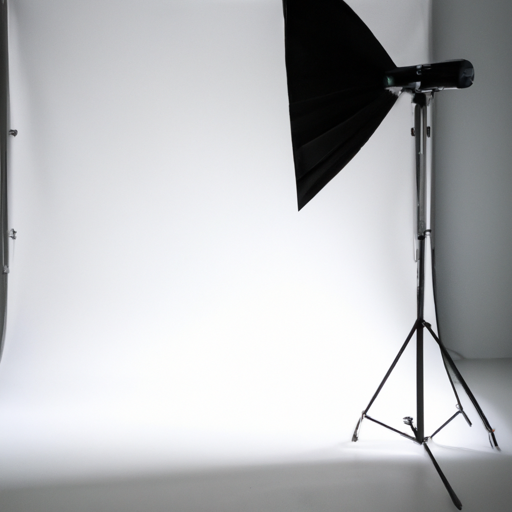 ミニマルな白背景のスタジオ内観と大型ソフトボックスの光